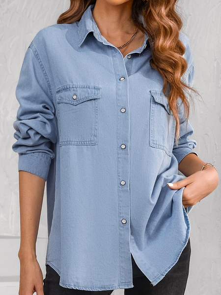 

Loose Plain Casual Shirt Collar Blouse, Light blue, Shirts & Blouses