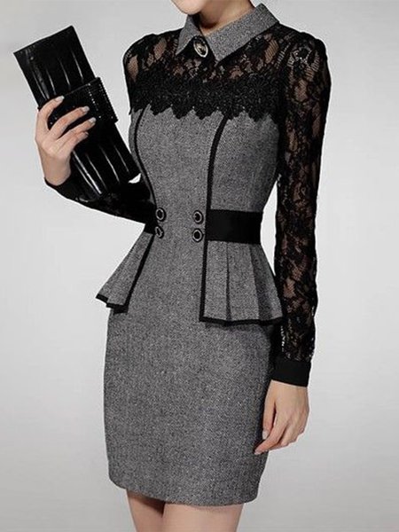 

Tight Shirt Collar Elegant Plain Mini Dress With No Belt, Gray, Mini Dresses