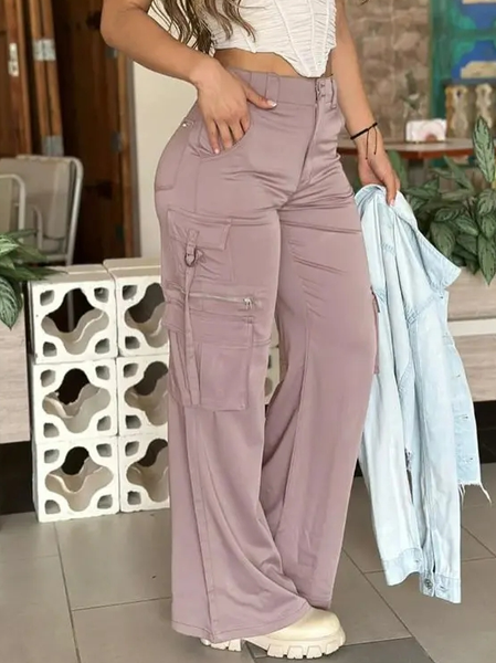 

Loose Casual Plain Cargo Pants, Pink, Pants
