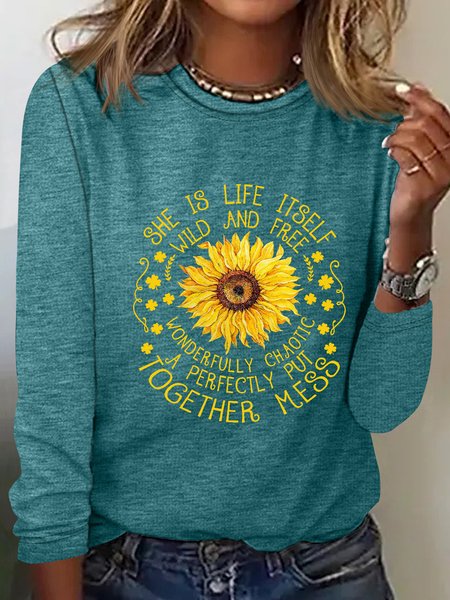 

Women's Sunflower Letters Cotton-Blend Shirt, Green, Long sleeves