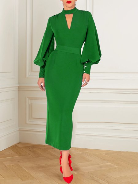 

Elegant Long Sleeve Regular Fit Plain Dress, Green, Midi Dresses