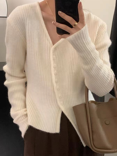 

Plain V Neck Regular Fit Casual Cardigan, White, Sweaters