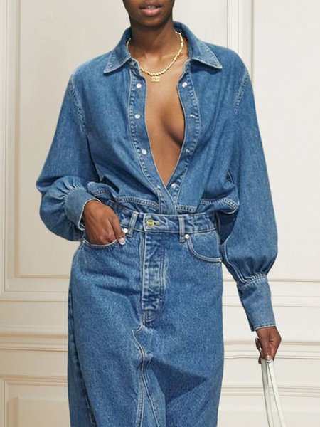 

Shirt Collar Plain Urban Denim Blouse, Blue, Blouses and Shirts