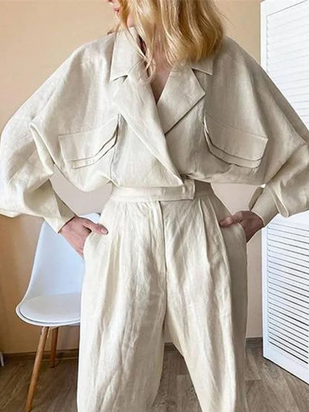 

Plus Size Plain Casual Lapel Collar Long Sleeve Loose Blouse, Apricot, Plus Tops