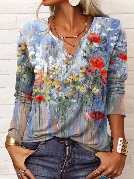 

V Neck Casual Floral Loose T-Shirt, Blue purple, T-Shirts