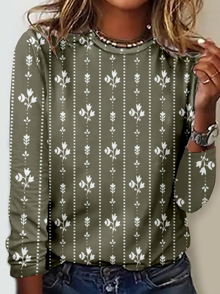 

Women's Floral Striped Crew Neck Casual Shirt, As picture, Long sleeves