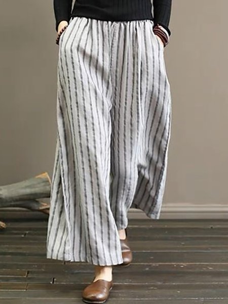 

Striped Cotton And Linen Casual Pants, Gray, Pants