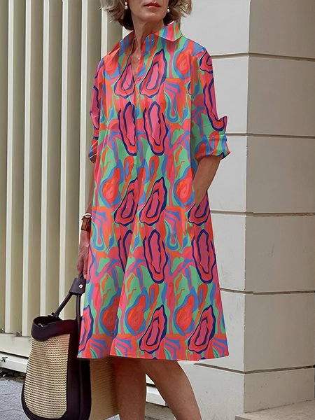 

Long Sleeve Urban Abstract Graphic Shirt Collar Dress, Rose red, Midi Dresses