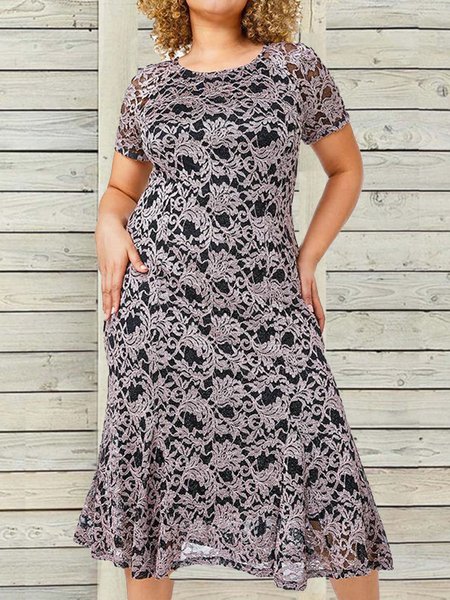 

Plus Size Casual Plain Regular Fit Crew Neck Dress With No, Black, Dresses