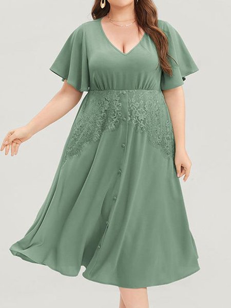 

Plus Size V Neck Plain Lace Casual Dress With No, Green, Dresses