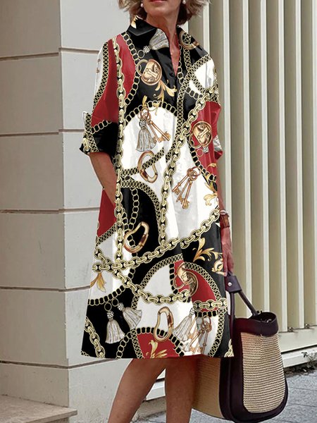 

Daily Abstract Shirt Collar Urban Regular Fit Dress, Red, Midi Dresses