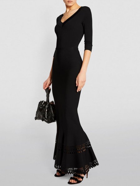 

Elegant Plain Regular Fit V Neck Lace Edge Mermaid Dress, Black, Maxi Dresses