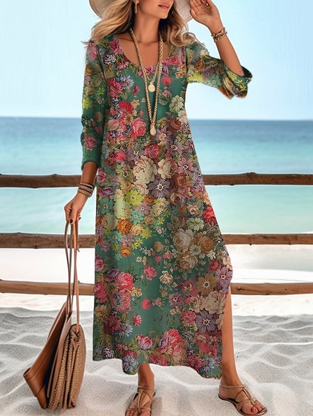 

Floral Crew Neck Casual Loose Dress, Green, Dresses