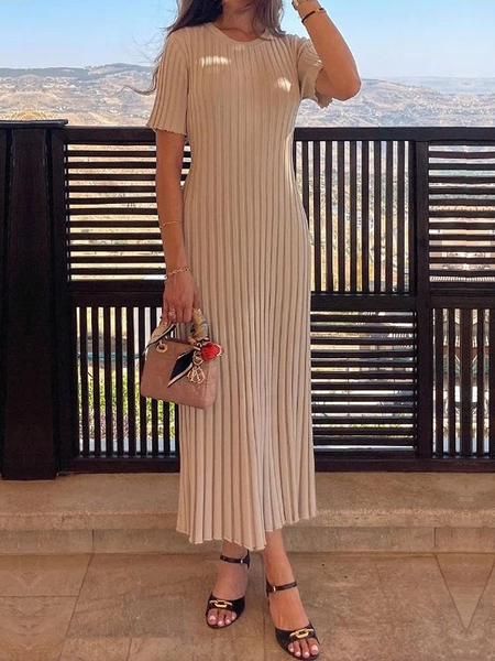 

High Elasticity Elegant Tight SCrew Neck hort Sleeve Maxi Sweater Dress, Khaki, Maxi Dresses