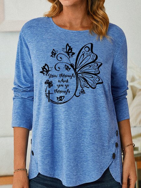 

Women's Butterfly Casual Letters Crew Neck Shirt, Blue, Long sleeves