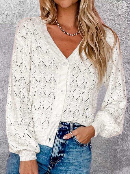 

Casual Plain V Neck Cardigan, White, Sweaters