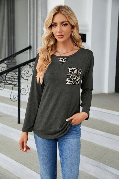 

Urban Casual Leopard Stitching High Elastic Long Sleeve T-Shirt Daily Women's Clothing, Deep gray, T-Shirts