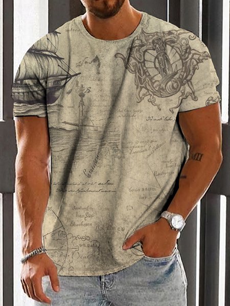 

Anchor Printing Crew Neck Pullover Casual Vacation Short Sleeve T-Shirt, Color5, T-shirts