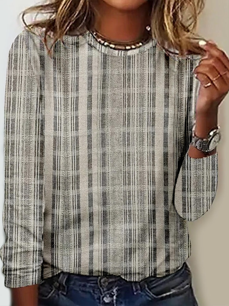 

Woman ‘ Casual Regular Fit Crew Neck Color Block Shirt, Khaki, Long sleeves