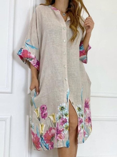 

Casual Floral Button Down Shirt Dress Vacation Boho Clothing, Apricot, Dresses