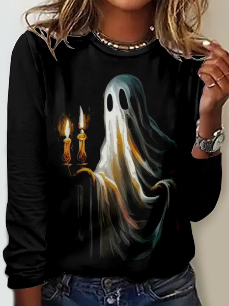 

Women's Ghost Print Halloween Casual Shirt, Black, Long sleeves