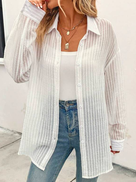 

Casual Loose Shirt Collar Solid Button Front Drop Shoulder Shirt Kimono, White, Cardigans