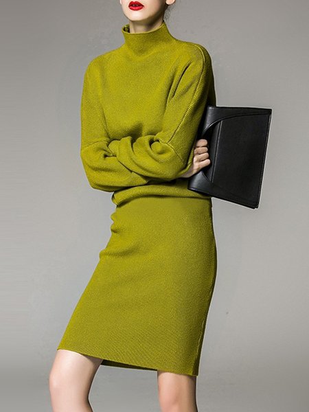 

Elegant Turtleneck Plain Sweater Dress, Green, Mini Dresses