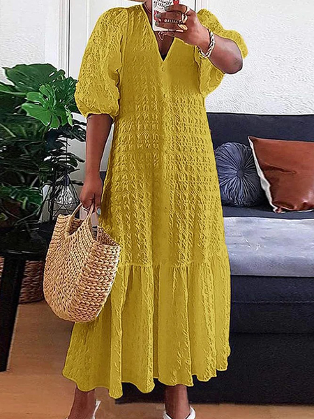 

Plus Size Vacation Plain V Neck Short Sleeve Maxi Dress, Yellow, Plus Dresses