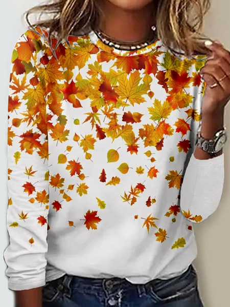 

Women's Maple Leaf Crew Neck Casual Shirt, Yellow, Long sleeves
