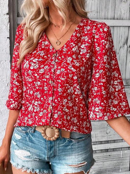 

Women Floral Three Quarter Sleeve Blouse Spring/Fall V Neck Bell Sleeve Daily Casual Top, Red, Blouses