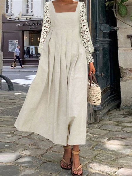 

Women Casual Square Neck Lace Hollow Out Long Sleeve Plain Dress, Apricot, Maxi Dresses
