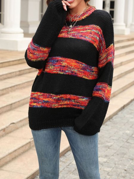 

Casual Color Block Crew Neck Regular Fit Sweater, Black, Sweaters