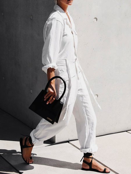 

Urban Plain Regular Fit Shawl Collar Jumpsuit, White, Bottoms