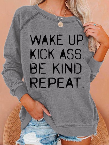 

Women's Wake Up Kick Ass Letter Print Crew Neck Casual Text Letters Sweatshirt, Gray, Hoodies&Sweatshirts