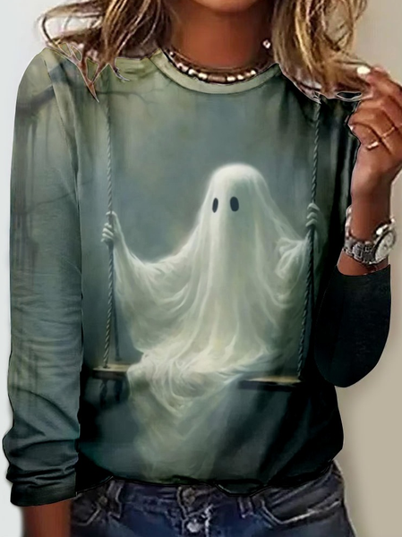 

Women's Funny Ghost Crew Neck Casual Shirt, Gray, Long sleeves