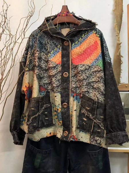 

Casual Abstract Hoodie Regular Fit Jacket, Black, Coats