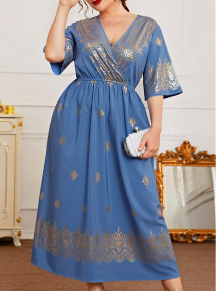 

Plus Size Casual Ethnic V Neck Dress, Blue, Dresses