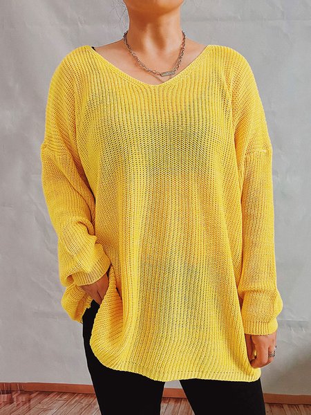 

Casual Plain V Neck Regular Fit Sweater, Yellow, Sweaters