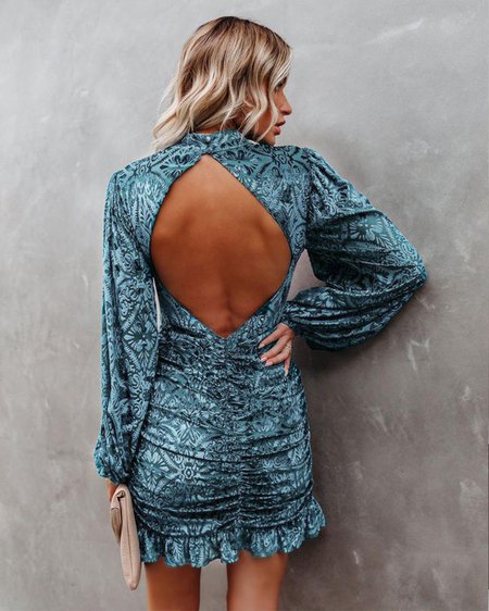

Women Plain Stand Collar Long Sleeve Comfy Casual Short Dress, Blue, Short
