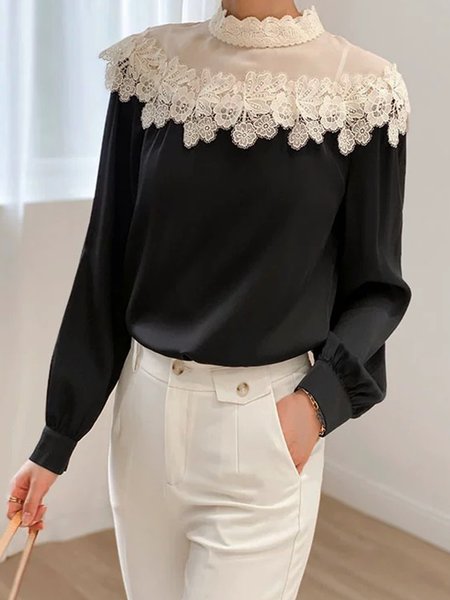 

Lace Edge Elegant Stand Collar Loose Plain Shirt, Black, Blouses and Shirts