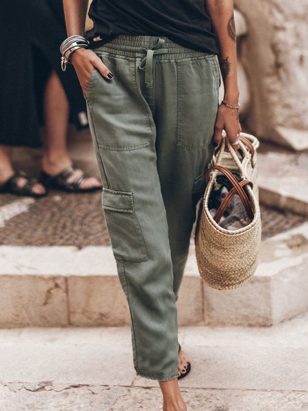 

Loose Plain Casual Cargo Pants, Army green, Pants