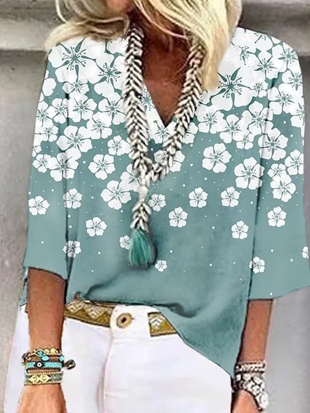 

Floral Casual Loose V Neck Shirt, Green, Shirts & Blouses