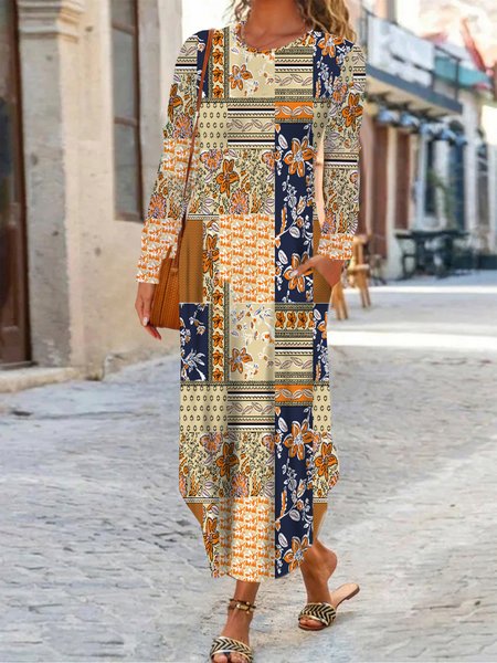

Floral Long Sleeve Crew Neck Casual Dress, Yellow, Dresses