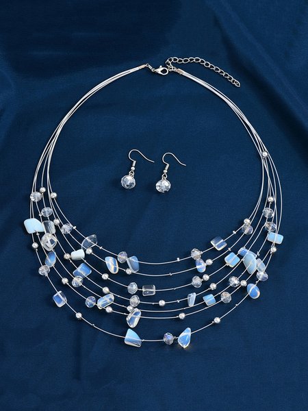 

Boho Turquoise Beads Layered Necklace Earrings Set, White, Necklaces