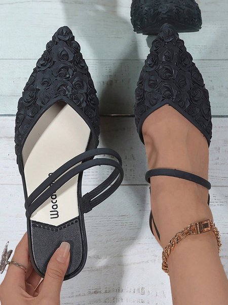 

Women Floral Pattern Waterproof Wedge Heel Back Empty Shoes, Black, Flats