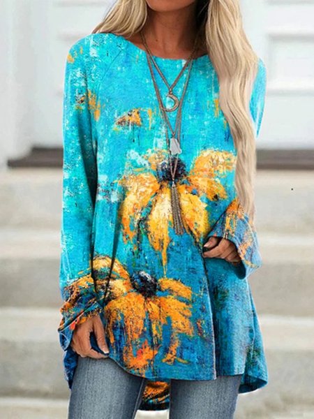 

Floral Loose Crew Neck Casual T-Shirt, Blue, T-Shirts