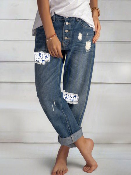 

Denim Loose Floral Casual Jeans, Blue, Jeans