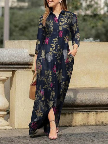 

Casual Floral Button Long Dress Resort Boho Women's Clothing, Deep blue, Dresses