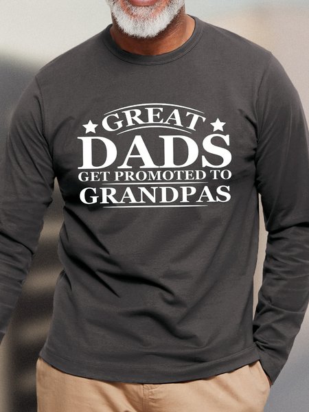 

Men’s Great Dads Get Promoted To Grandpas Pops Crew Neck Cotton Casual Text Letters Top, Gray, Long Sleeves
