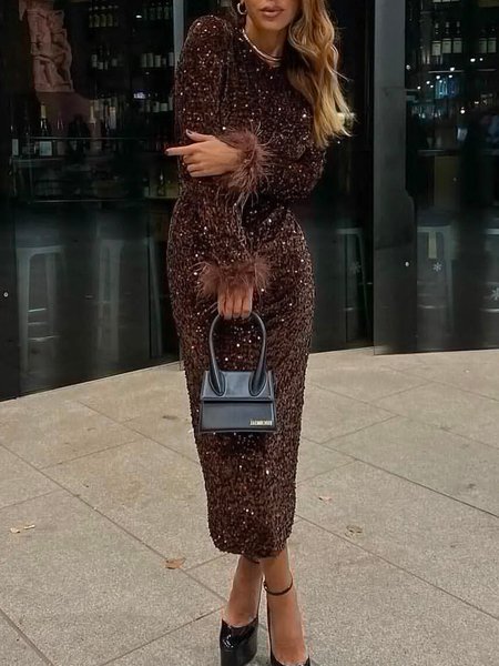 

Elegant Tight Crew Neck Plain Midi Dress With No Belt, Coffee, Midi Dresses